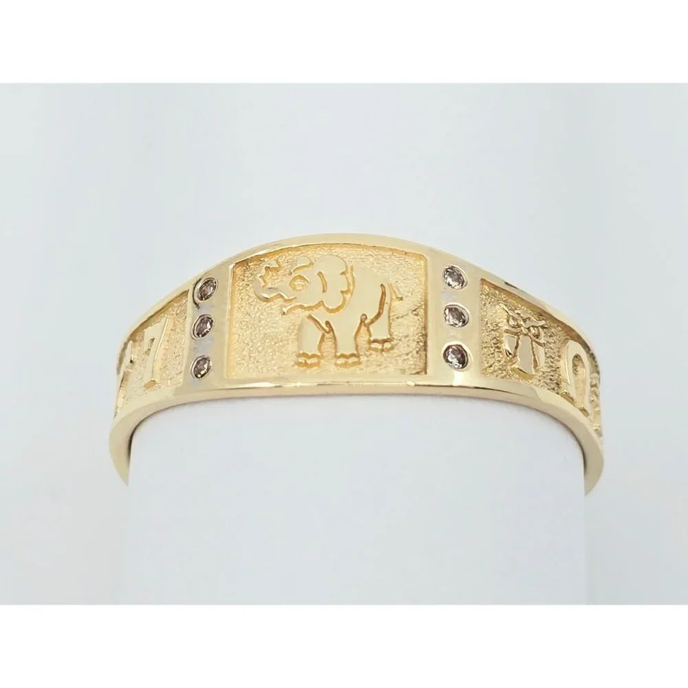 Unique 14K Karat Solid Yellow Gold Designer Lucky Symbols CZ Ring - Size 14